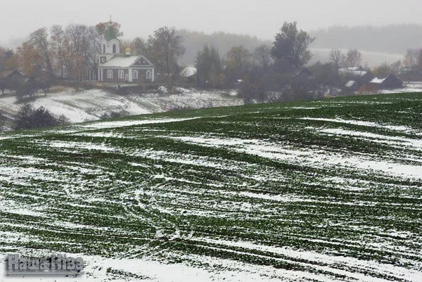 Pieršy śnieh na Vałožynščynie, archiŭnaje fota Julii Daraškievič.