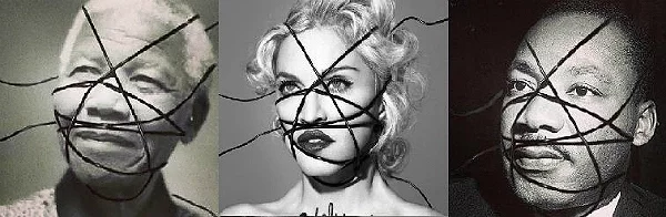 Коллажи, появившиеся в Сети, по мотивам обложки нового альбома Мадонны: Нельсон Мандела, Мадонна, Мартин Лютер Кинг