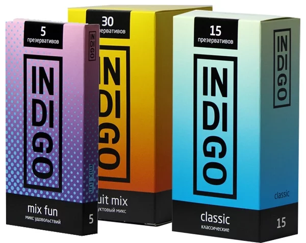 В настоящее время в линейке презервативов Indigo пять видов: классические, продленного действия, чувствительны, микс удовольствий и фруктовый микс.