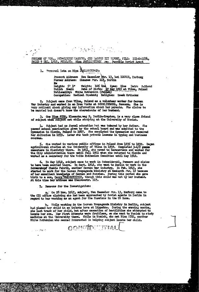 Скан файла ЦРУ о эмигрантке из Беларуси Нине Якубович, которую пыталась завербовать советская разведка.