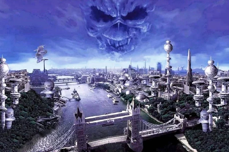 Вокладка альбому гурту Iron Maiden «Brave New World», названага па песні, натхнёнай «Дзіўным новым светам» Хакслі
