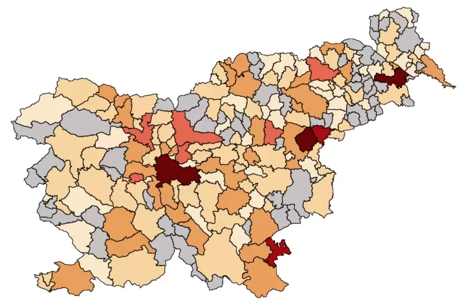 Районы Словении с наибольшим количеством случаев коронавируса. Фото Wikimedia Commons
